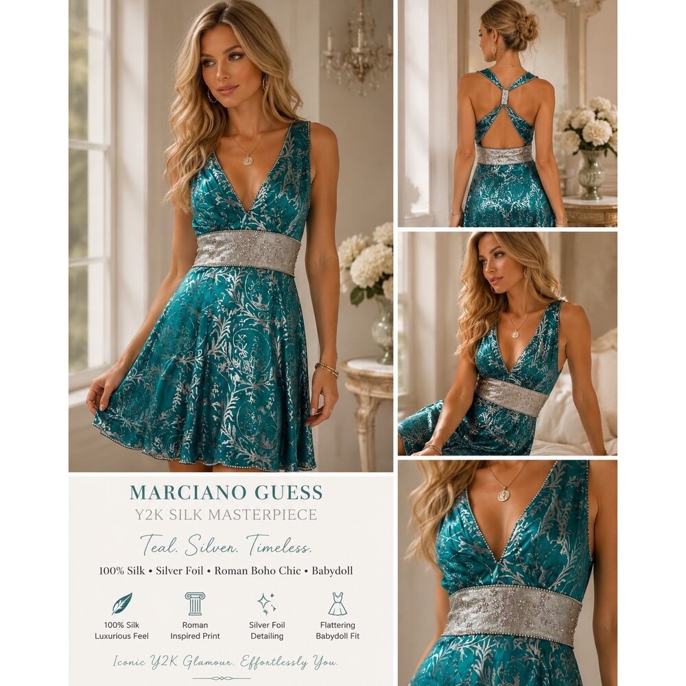 Y2K Marciano Guess 100% Silk Dress S/P Teal Silver Foil Roman Boho Chic Babydoll